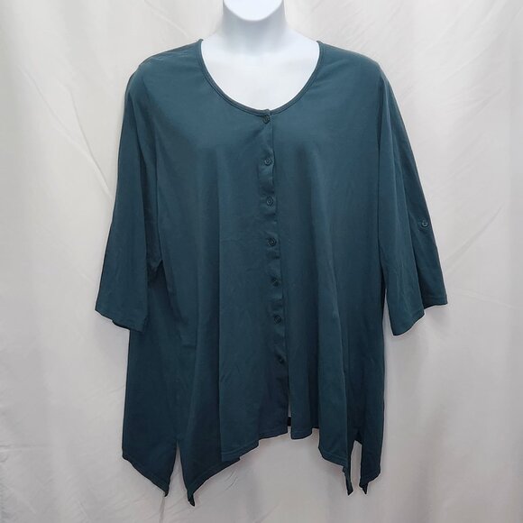 Ellos Button Down Knit Top Womens 3X 30 32 Blue Plus Shirt Roll Tab Sleeves O12X - Picture 1 of 7
